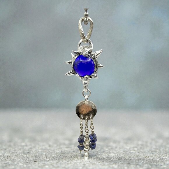 Artisan-Crafted Flail Pendant W/ Vintage Cobalt Glass Marble Quartz Lapis Lazuli - Picture 9 of 15